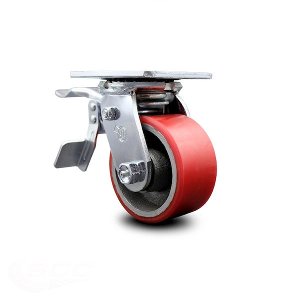 4 Inch Red Poly on Cast Iron Caster with Ball Bearing and Total Lock Brake SCC